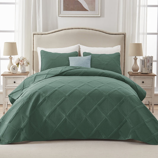 Exclusivo Mezcla Ultrasonic Twin/ Twin XL Quilt Set, Lightweight Bedspreads Modern Striped Coverlet with 1 Pillow Sham, Green