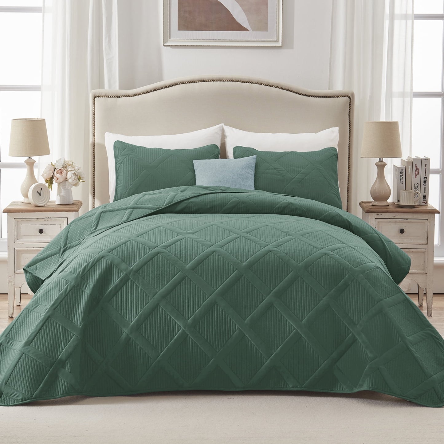 Exclusivo Mezcla Ultrasonic Full Queen Quilt Set, Lightweight Bedspreads Modern Striped Coverlet with 2 Pillow Shams, Green
