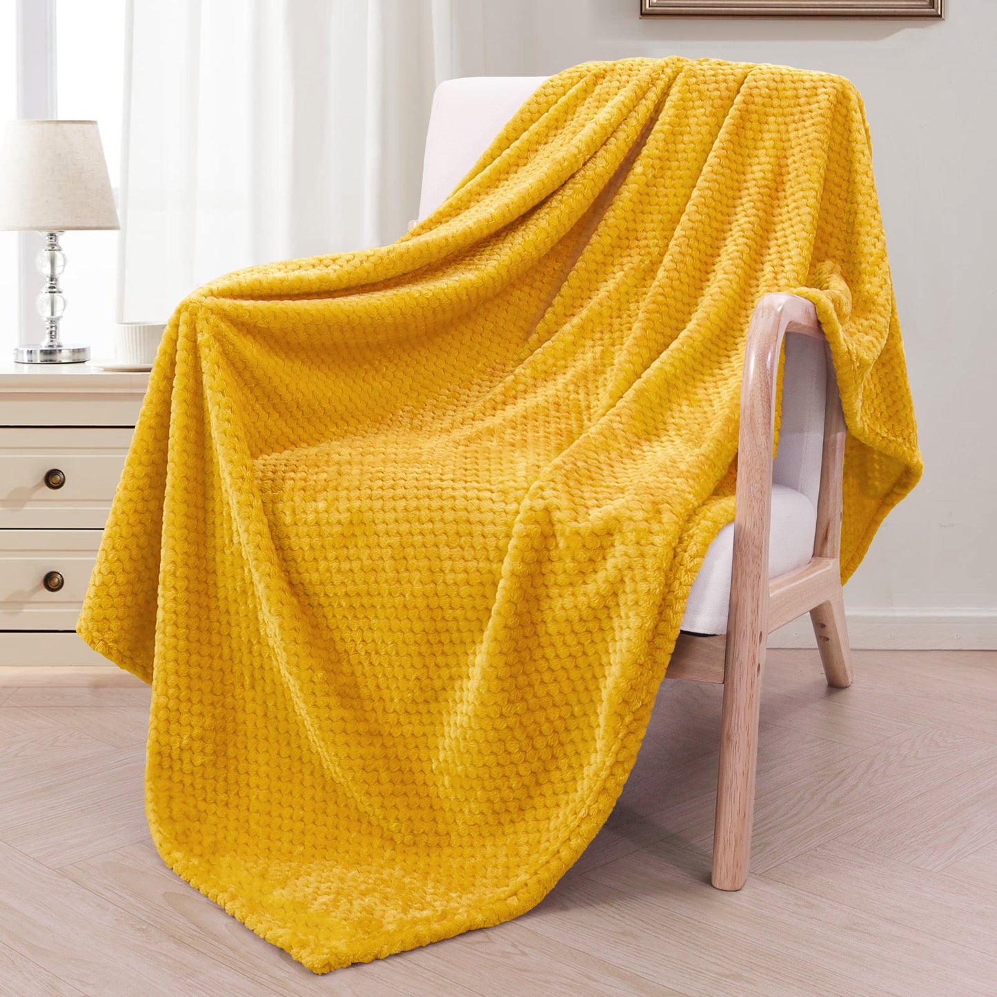 Exclusivo Mezcla Waffle Textured Extra Large Fleece Blanket, Super Soft and Warm Throw Blanket for Couch, Sofa and Bed (Mustard Yellow, 50x70 inches)-Cozy, Fuzzy and Lightweight