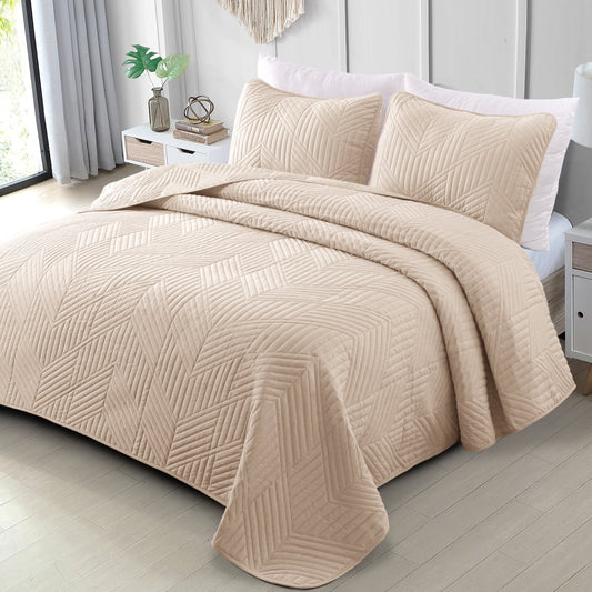 Exclusivo Mezcla Ultrasonic Twin Quilt Bedding Set, Lightweight Brich Beige Bedspreads Soft Modern Geometric Coverlet Set for All Seasons (1 Quilt and 1 Pillow Sham)