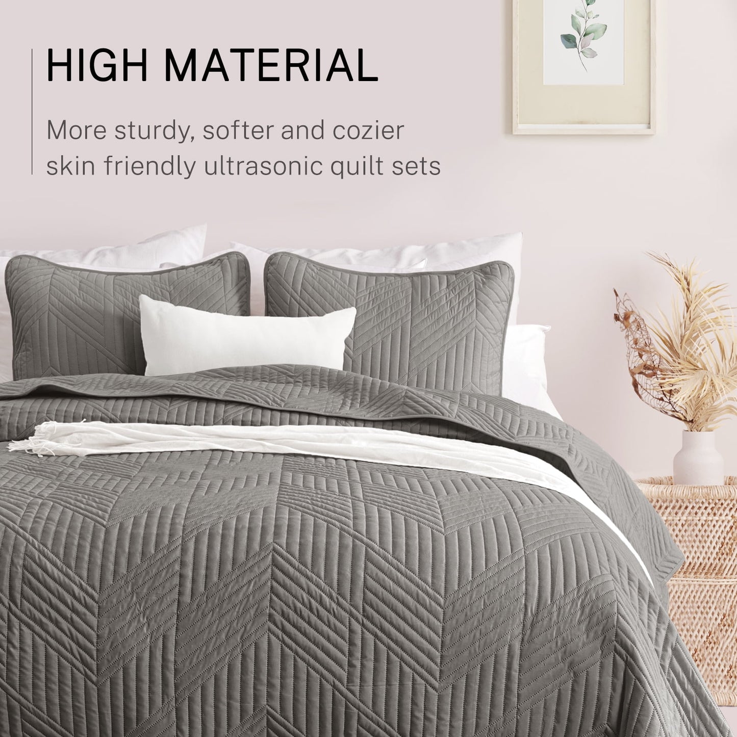 Exclusivo Mezcla Ultrasonic Twin Quilt Bedding Set, Lightweight Grey Bedspreads Soft Modern Geometric Coverlet Set for All Seasons (1 Quilt and 1 Pillow Sham)