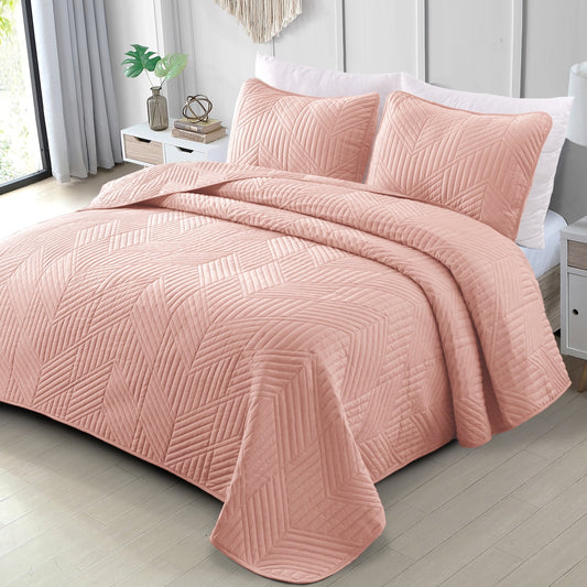 Exclusivo Mezcla Ultrasonic Twin Quilt Bedding Set, Lightweight Blush Pink Bedspreads Soft Modern Geometric Coverlet Set for All Seasons (1 Quilt and 1 Pillow Sham)