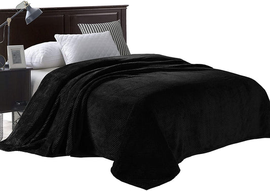 Exclusivo Mezcla Waffle Textured Soft Fleece Blanket, Queen Size Bed Blanket, Cozy Warm and Lightweight (Black, 90x90 inches)