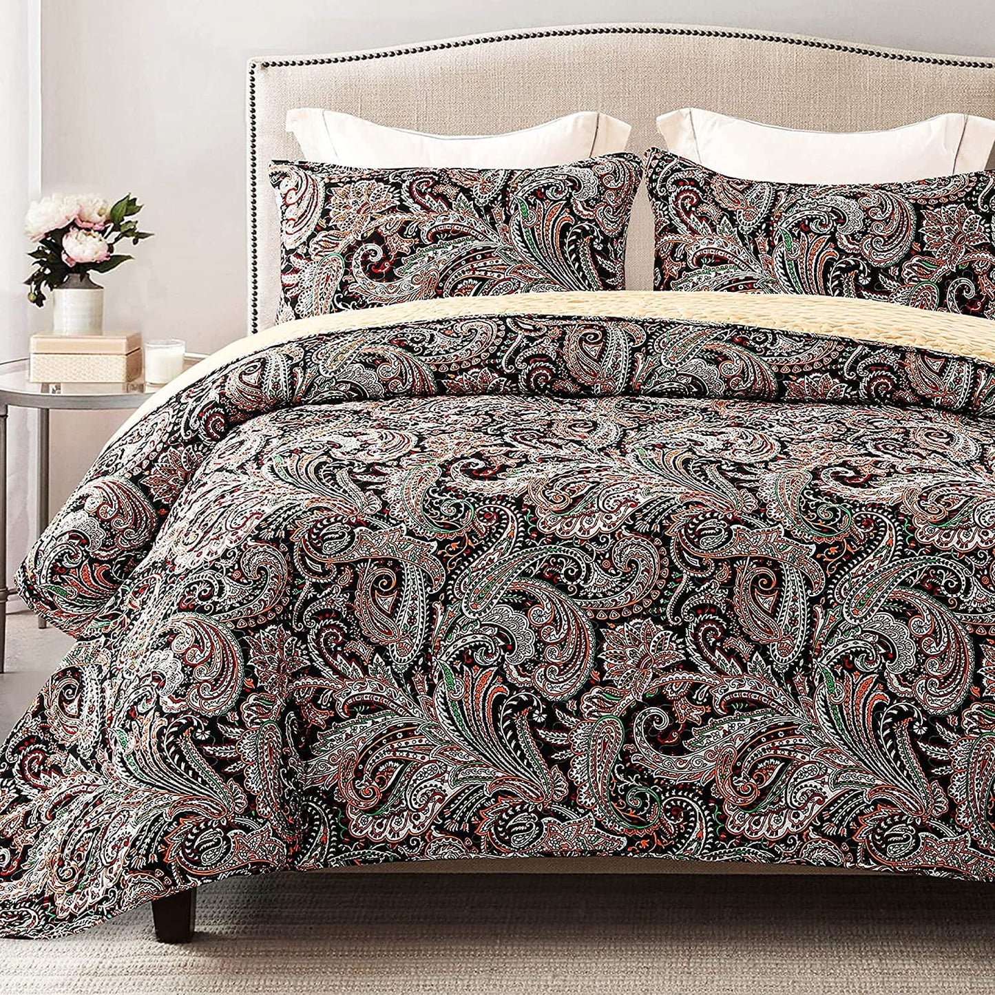 Exclusivo Mezcla Paisley Quilt Set King Size, 3-Piece Reversible Quilt Bedding Set with Decoractive Colorful Boho Pattern (2 Pillow Shams), Lightweight and Soft Bedspread Coverlets