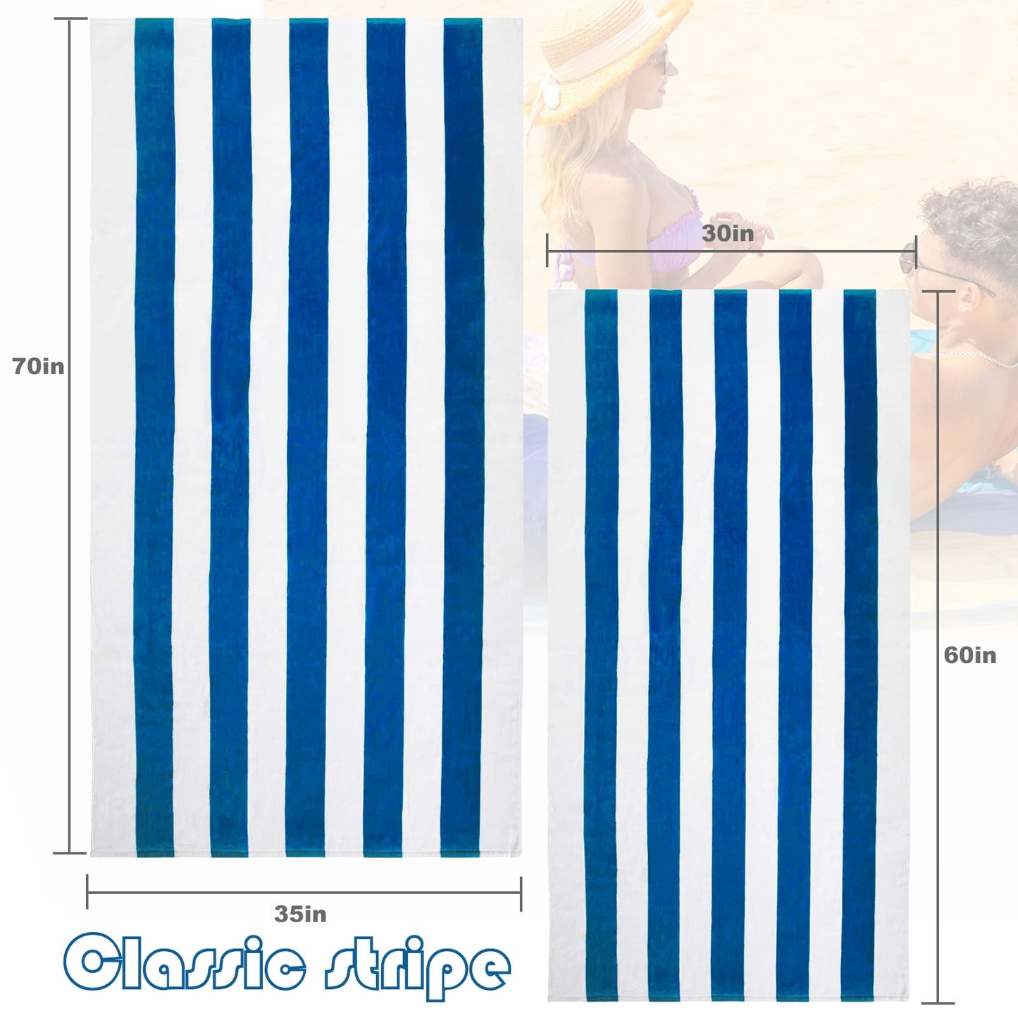 Exclusivo Mezcla 2-Pack Cotton Large Cabana Stripe Beach Towels, Super Absorbent Soft Plush Pool Towel, Bath Towel (Ocean Blue, 30"x60")