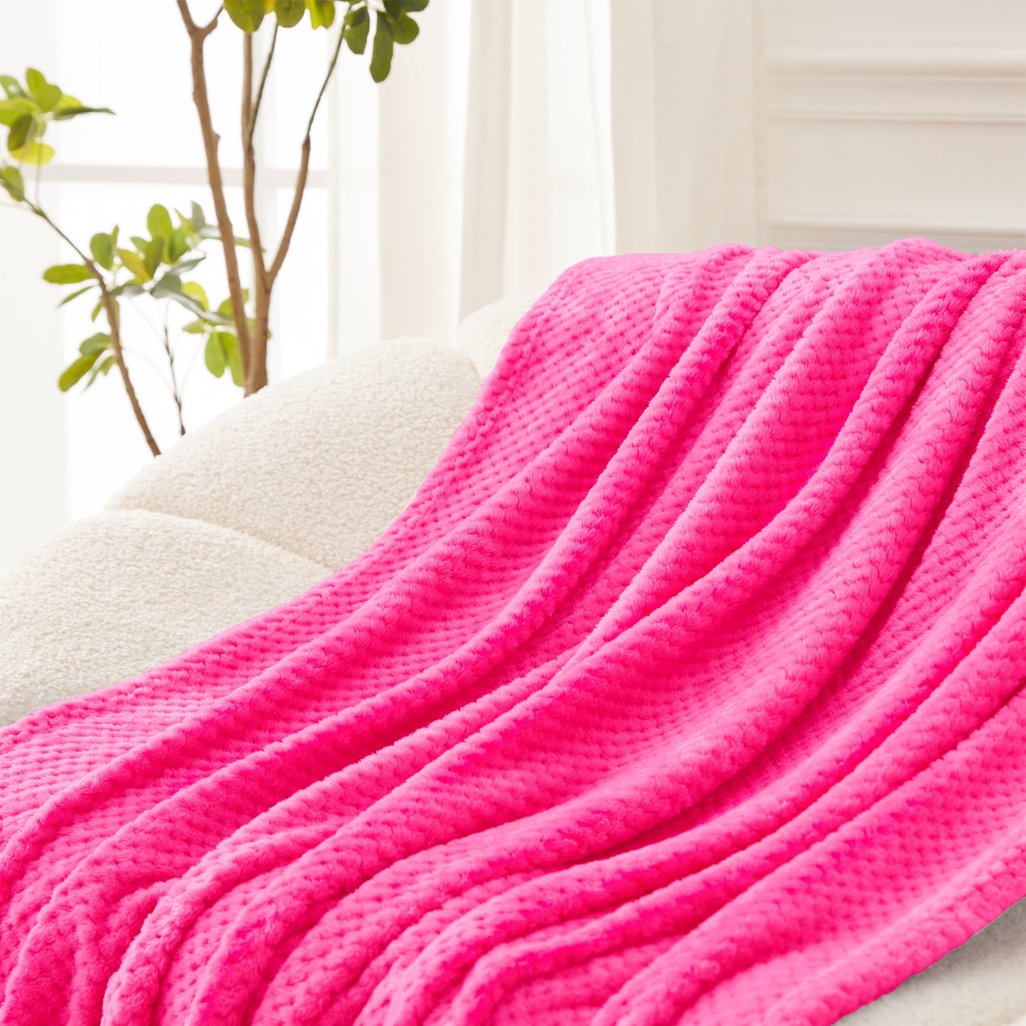 Exclusivo Mezcla Waffle Textured Soft Fleece Blanket, Queen Size Bed Blanket, Cozy Warm and Lightweight (Hot Pink, 90x90 inches)