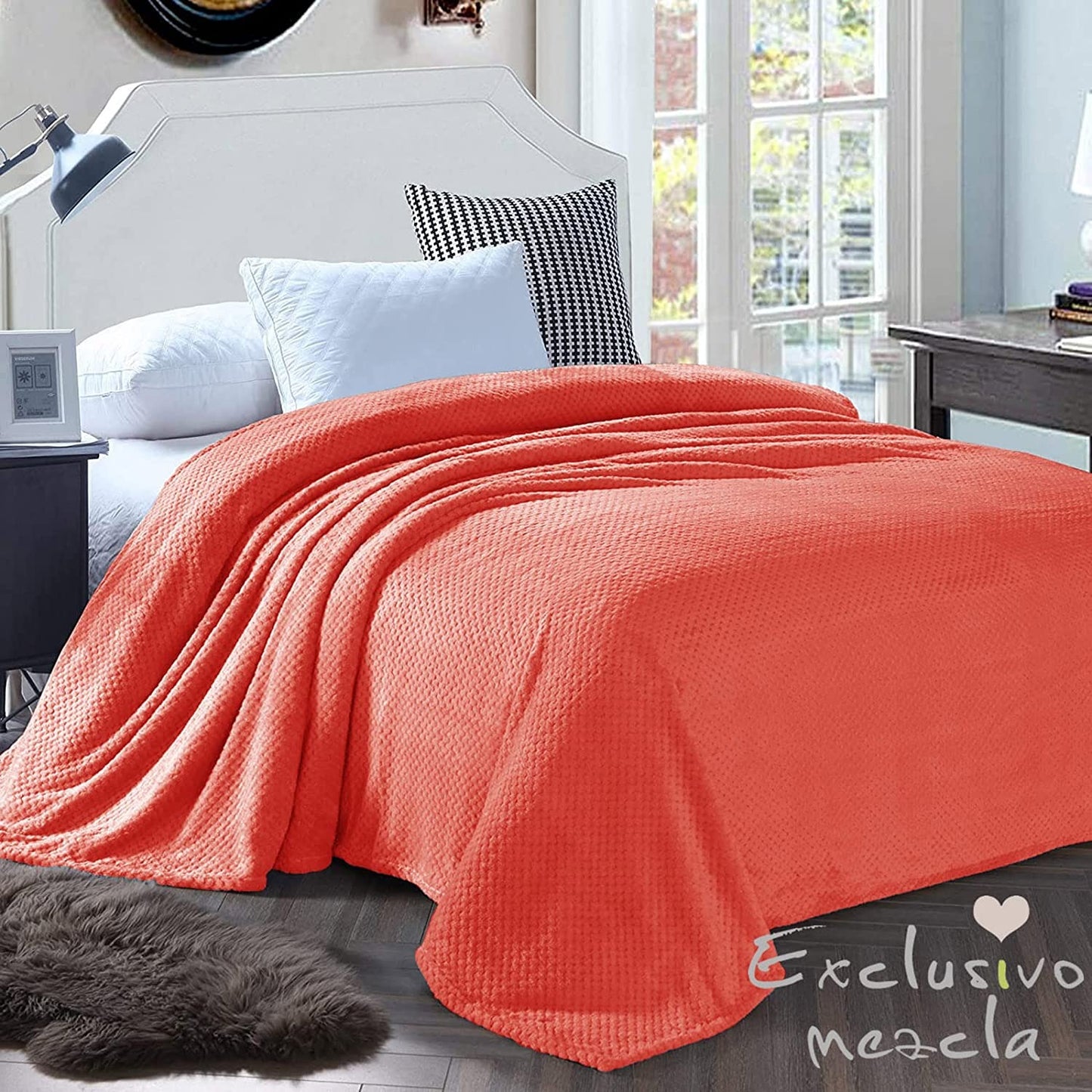 Exclusivo Mezcla Waffle Textured Soft Fleece Blanket, Twin Size Bed Blanket, Cozy Warm and Lightweight (Coral Orange, 90x66 inches)