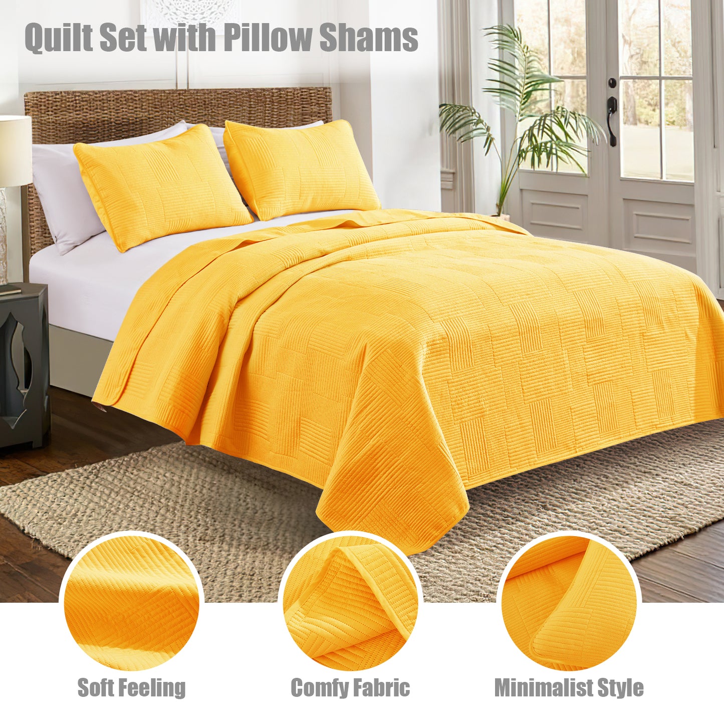 Exclusivo Mezcla King Quilt Set, Soft and Lightweight Bedspreads Coverlet with Striped Pattern, Bedding Sets with 2 Pillow Shams, Reversible Bed Cover for All Seasons, 96x104 Inches，Yellow Grid