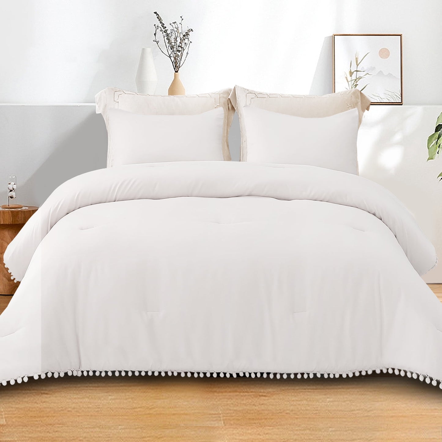 Exclusivo Mezcla Boho Pom Pom Ball Fringe Twin Comforter Set, 2 Piece White Lightweight Down Alternative Bedding Comforter Sets for All Seasons (1 Comforter and 1 Pillowcase)