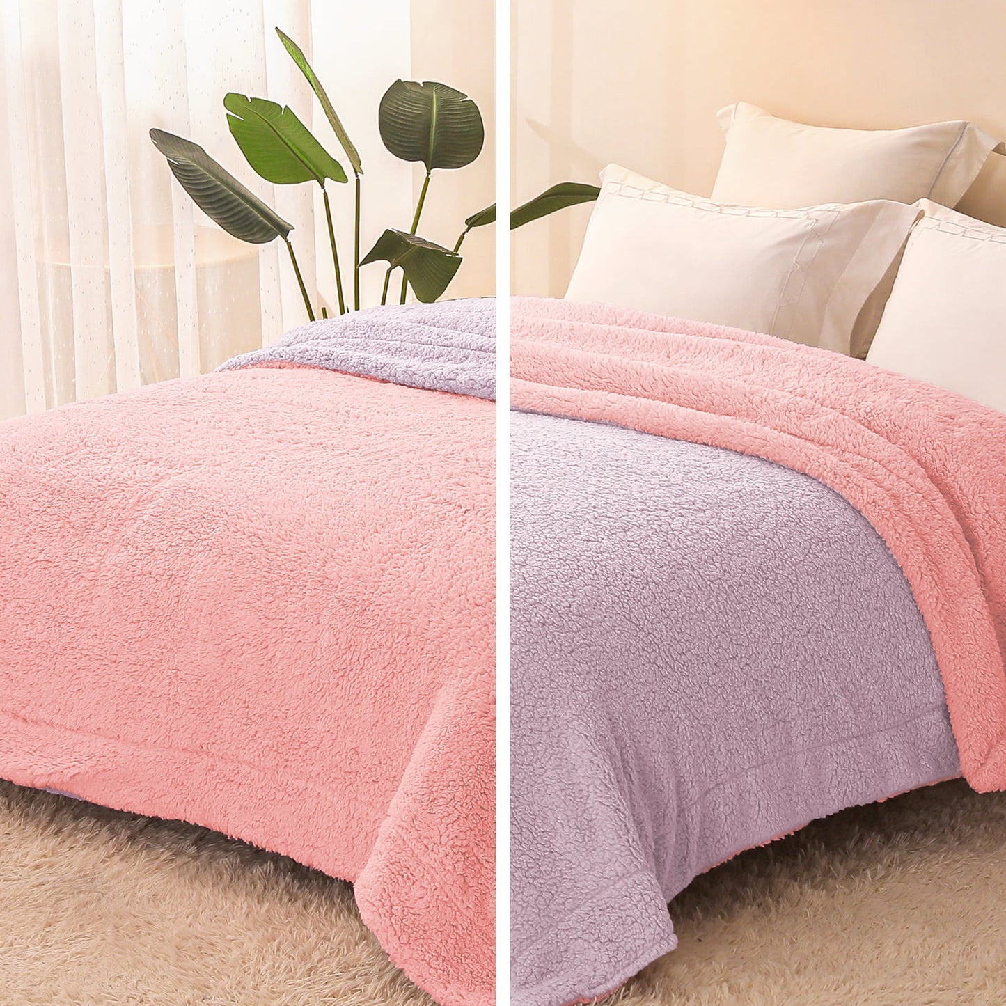 Exclusivo Mezcla Twin Size Reversible Sherpa Fleece Blanket, Soft Plush Blanket for Bed Sofa, Warm Fluffy Blankets for All Season, 60x80 Inches, Light Pink/ Light Purple