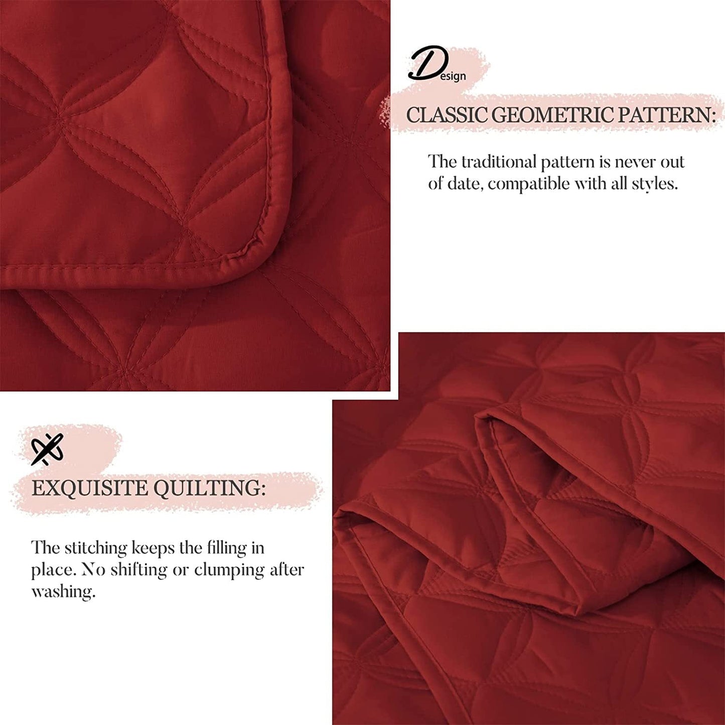 Exclusivo Mezcla Bed Quilt Set Queen Size for All Seasons, Stitched Pattern Quilted Bedspread/Bedding Set/Coverlet with 2 Pillow Shams, Lightweight and Soft, Red