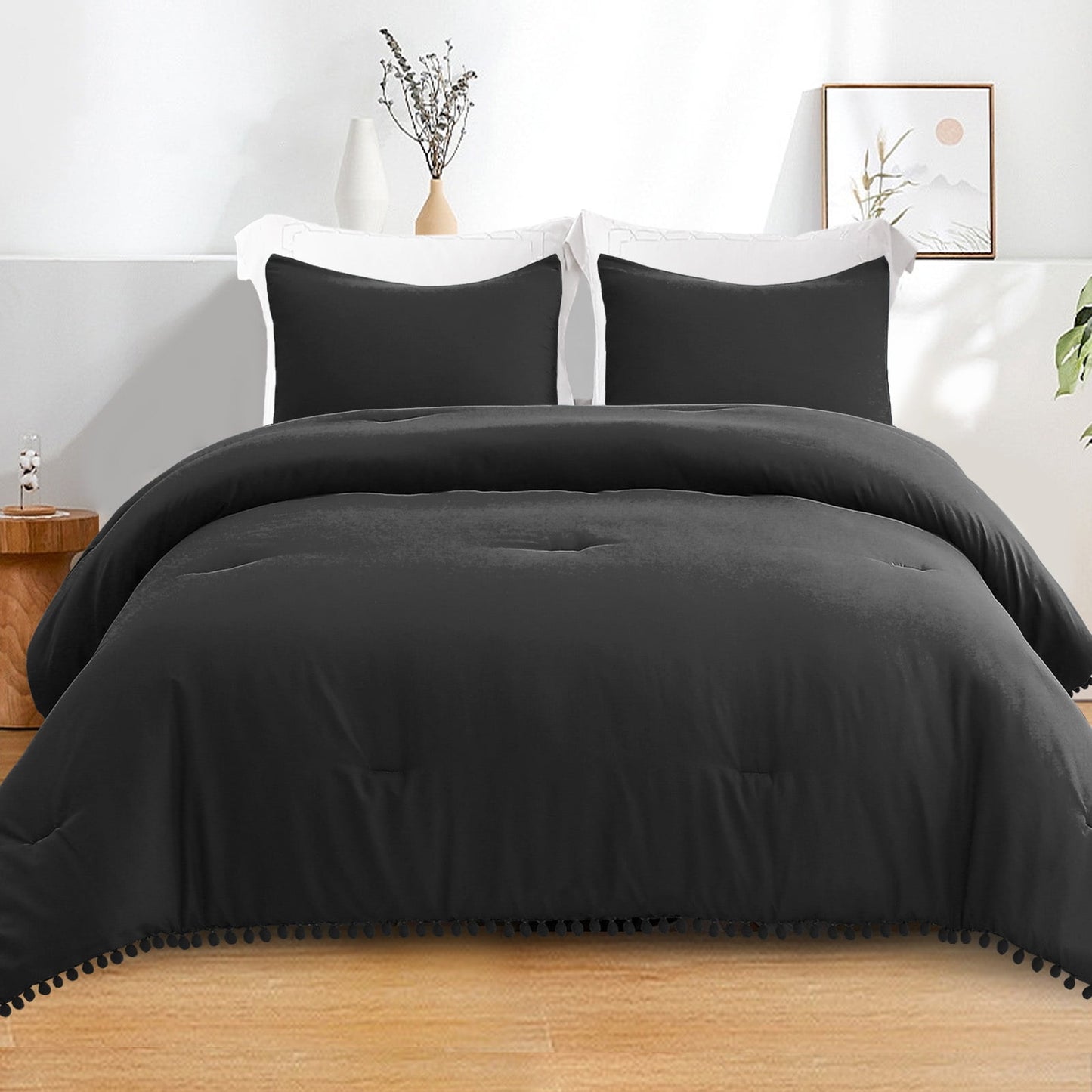 Exclusivo Mezcla Boho Pom Pom Ball Fringe Twin Comforter Set, 2 Piece Black Lightweight Down Alternative Bedding Comforter Sets for All Seasons (1 Comforter and 1 Pillowcase)