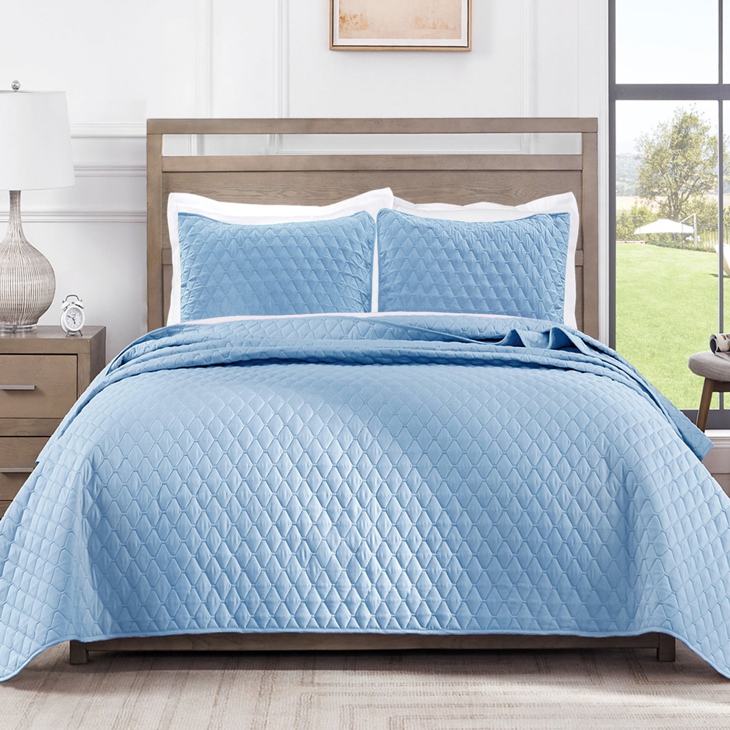 Exclusivo Mezcla Ultrasonic Reversible Twin Quilt Bedding Set with Pillow Sham, Lightweight Quilts Twin Size, Soft Bedspreads Bed Coverlets for All Seasons - (Sky Blue, 68"x88")