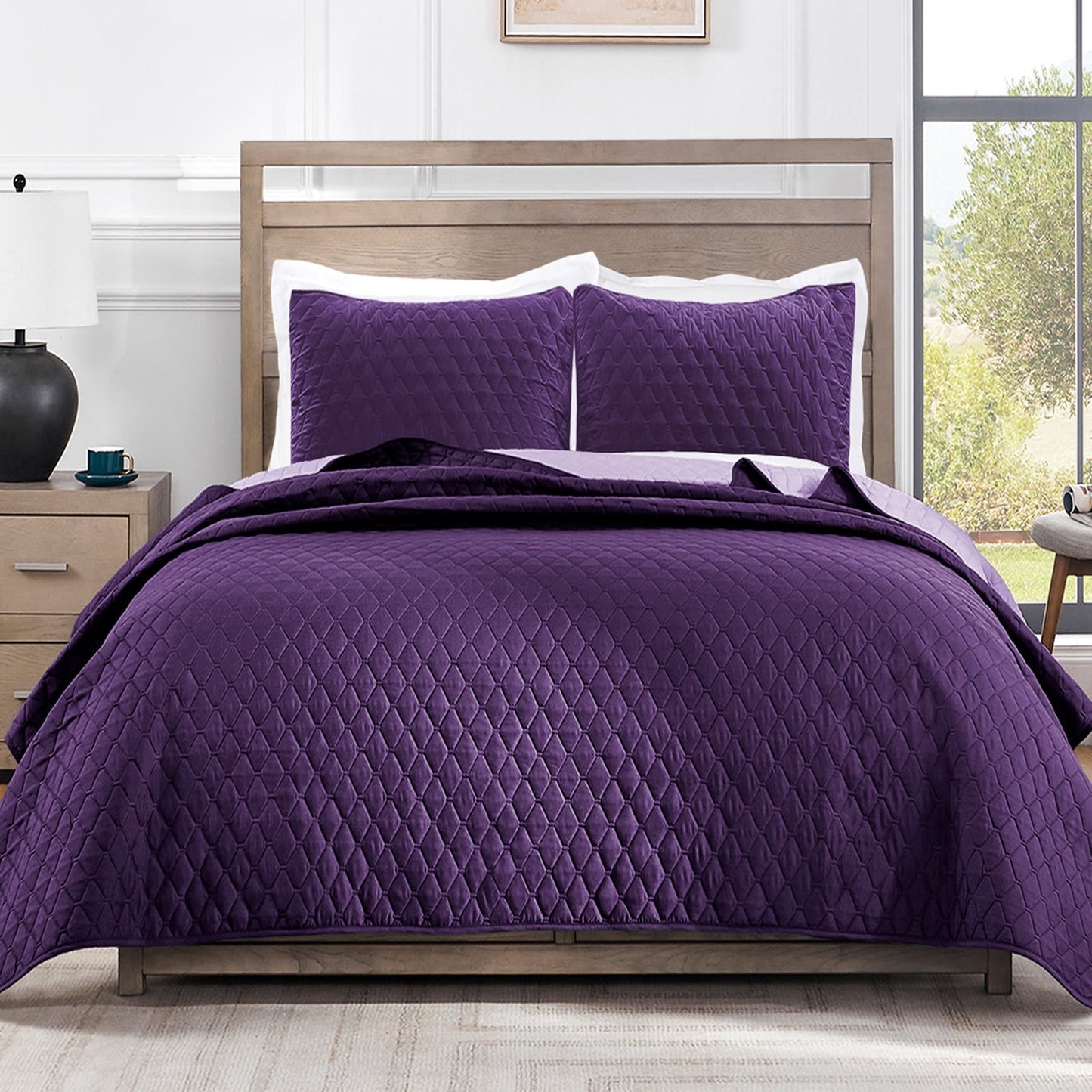 Exclusivo Mezcla Ultrasonic Reversible Twin Quilt Bedding Set with Pillow Sham, Lightweight Quilts Twin Size, Soft Bedspreads Bed Coverlets for All Seasons - (Deep Purple, 68"x88")