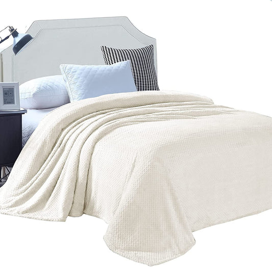 Exclusivo Mezcla Waffle Textured Soft Fleece Blanket, Twin Size Bed Blanket, Cozy Warm and Lightweight (Off White, 90x66 inches)