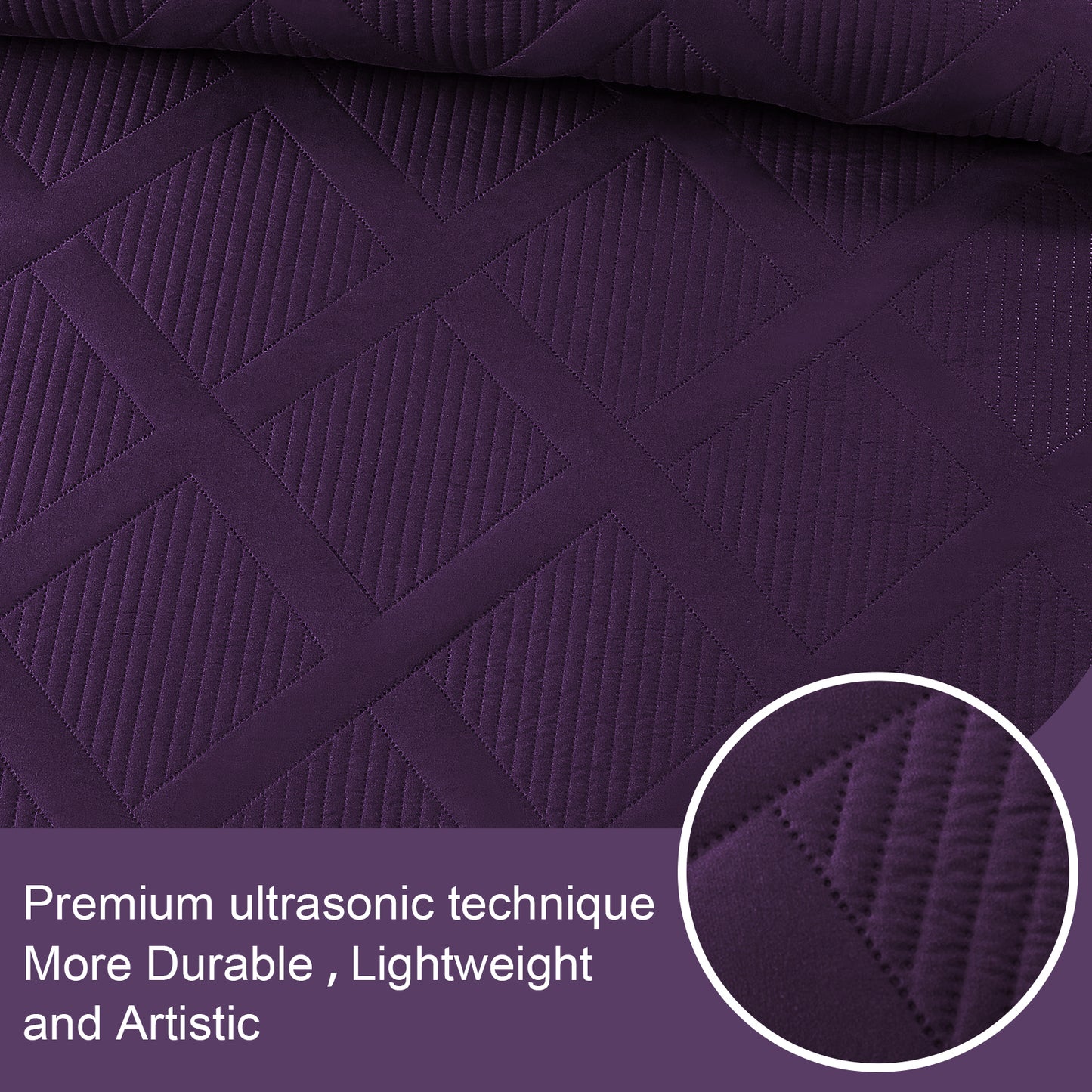 Exclusivo Mezcla Ultrasonic King Quilt Set, Lightweight Bedspreads Modern Striped Coverlet with 2 Pillow Shams, Deep Purple