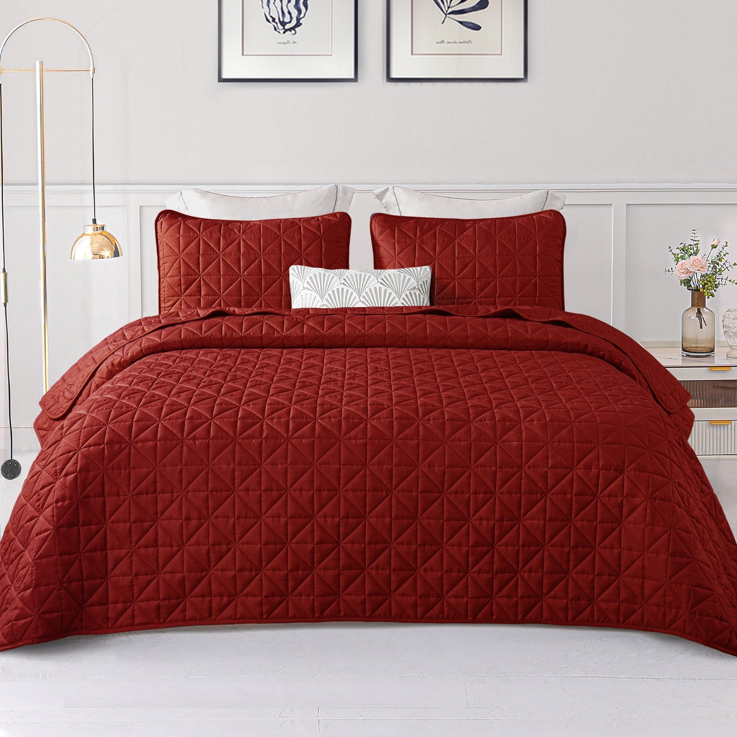 Exclusivo Mezcla Twin Quilt Bedding Set for All Seasons, Lightweight Soft Red Quilts Twin Size Bedspreads Coverlets Bed Cover with Geometric Stitched Pattern, (1 Quilt, 1 Pillow Sham)