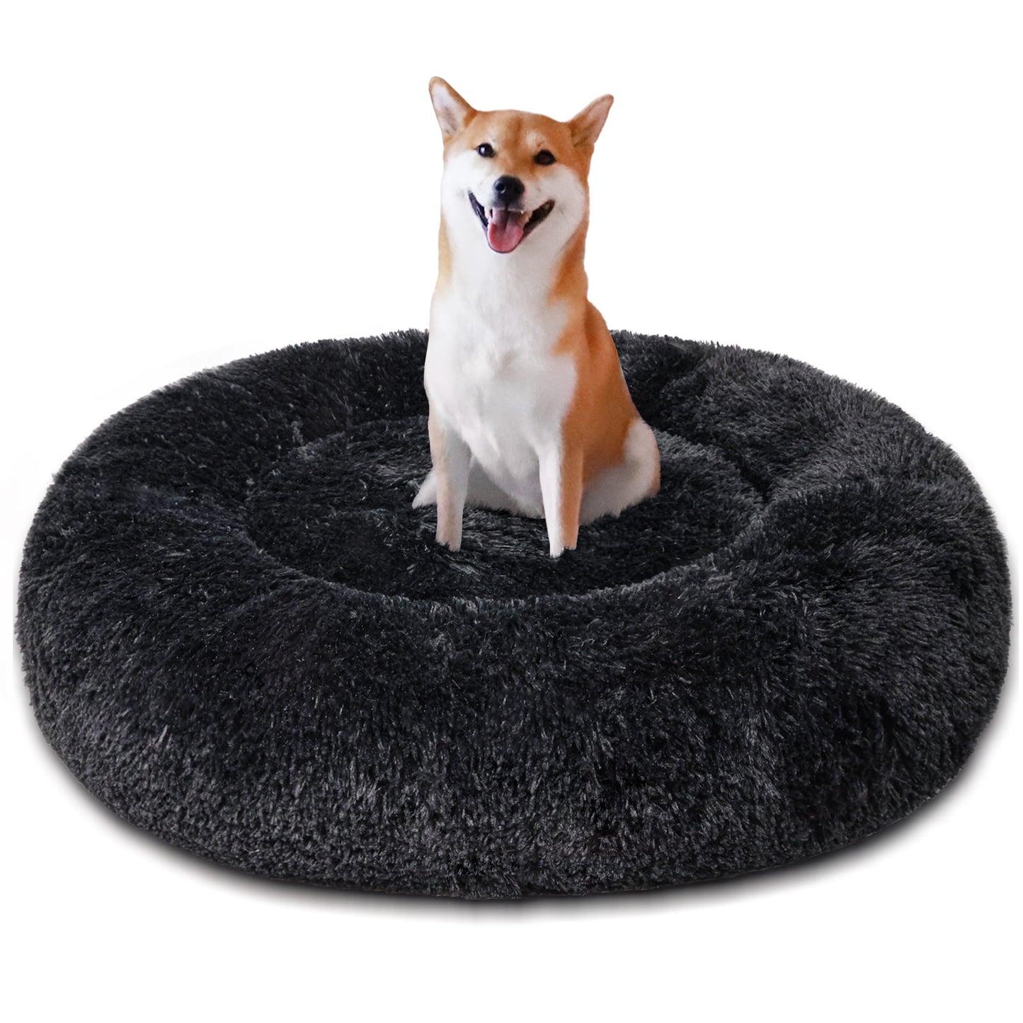 Exclusivo Mezcla Calming Donut Pet Bed for Medium Dogs 24", Anti-Anxiety Plush Cozy Warming Dog Bed, Black