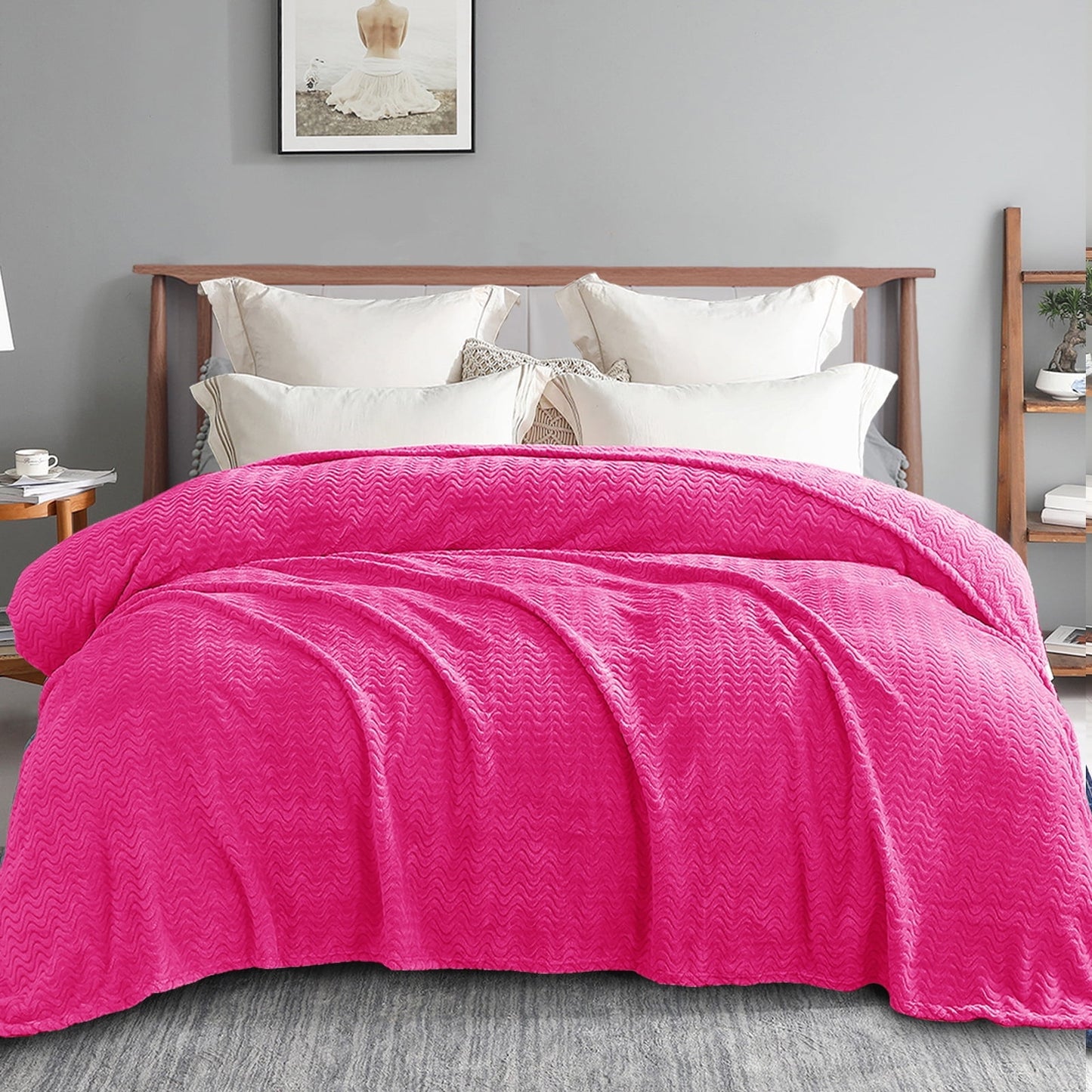 Exclusivo Mezcla Twin Size Flannel Fleece Blanket, 90x66 Inches Soft Jacquard Weave Wave Pattern Velvet Plush Blanket for Bed, Cozy, Warm, Lightweight and Decorative Hot Pink Blanket