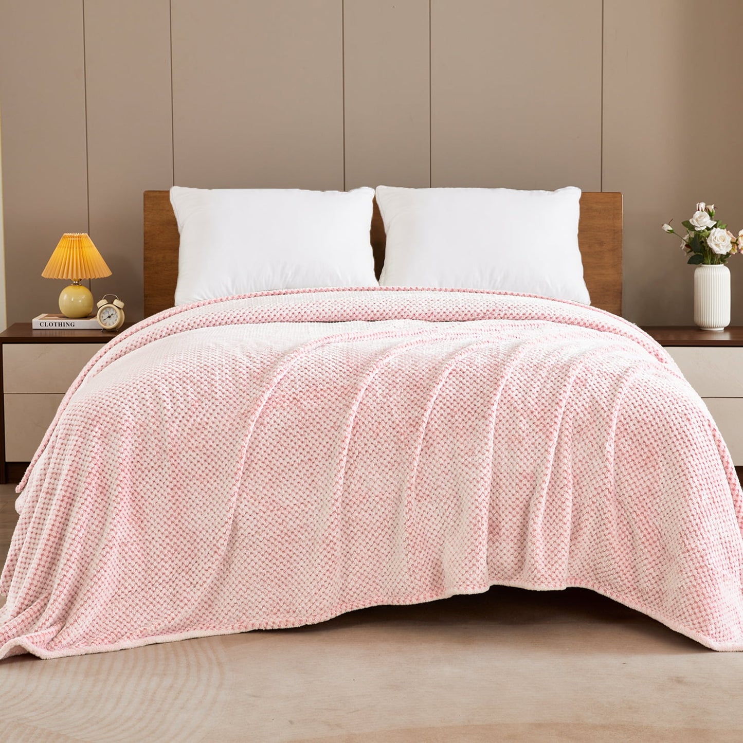 Exclusivo Mezcla Waffle Textured Soft Fleece Blanket, Queen Size Bed Blanket, Cozy Warm and Lightweight (Mixed Pink, 90x90 inches)