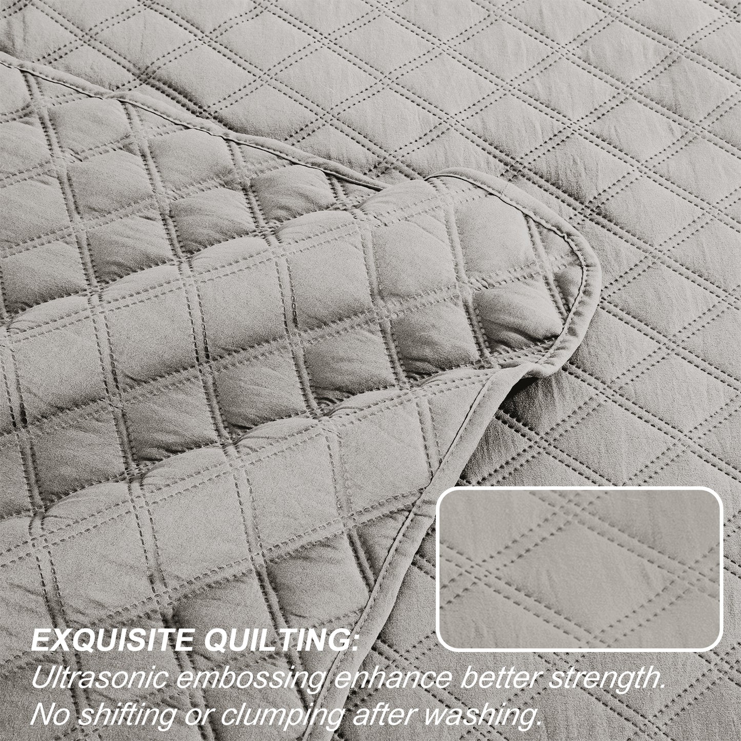 Exclusivo Mezcla 3-Piece Light Gray Queen Size Quilt Set, Box Pattern Ultrasonic Lightweight and Soft Quilts/Bedspreads/Coverlets/Bedding Set (1 Quilt, 2 Pillow Shams) for All Seasons