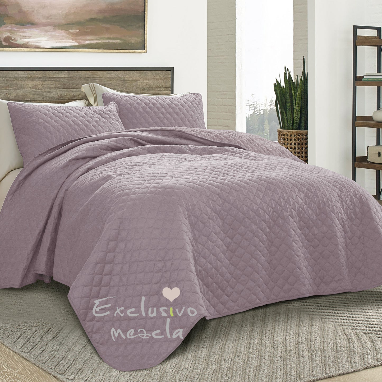 Exclusivo Mezcla Ultrasonic Reversible Full Queen Quilt Bedding Set with Pillow Shams, Lightweight Quilts Queen Size, Soft Bedspreads Bed Coverlets for All Seasons - (Lilac Ash, 90"x96")