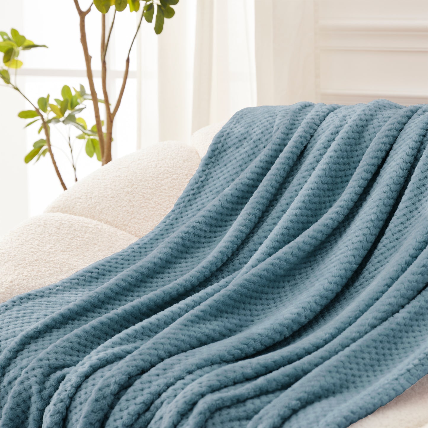 Exclusivo Mezcla Waffle Textured Soft Fleece Blanket, Queen Size Bed Blanket, Cozy Warm and Lightweight (Slate Blue, 90x90 inches)