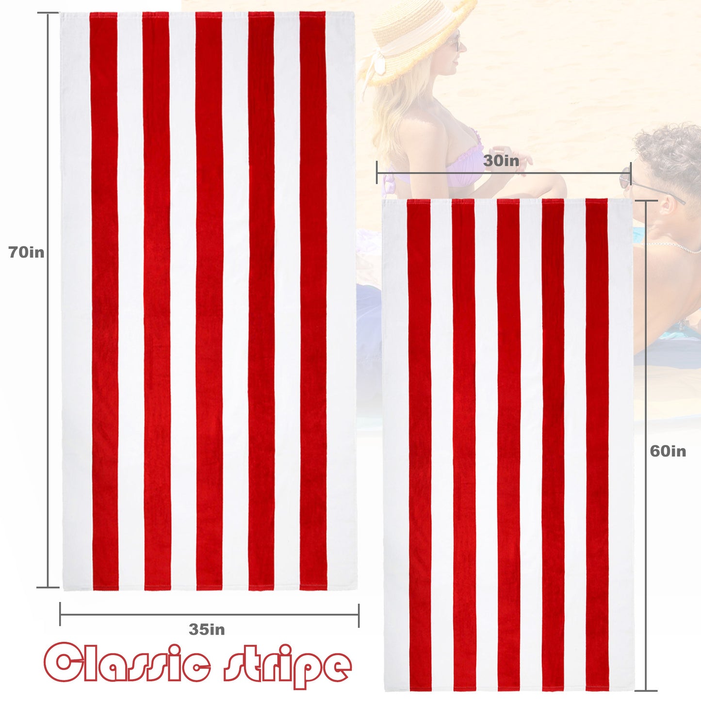 Exclusivo Mezcla 4-Pack Cotton Large Cabana Stripe Beach Towels, Super Absorbent Soft Plush Pool Towel, Bath Towel (Red, 30"x60")