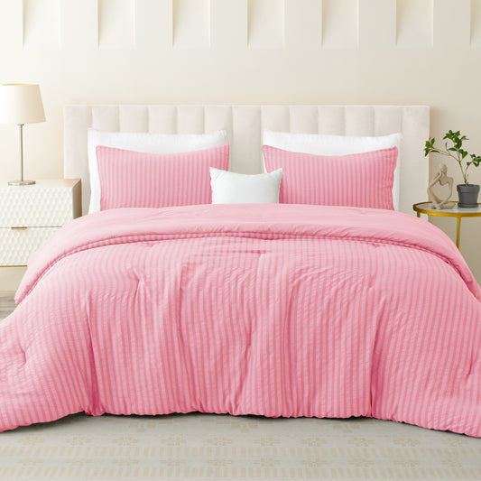 Exclusivo Mezcla 2-Piece Seersucker Twin Comforter Set Pink, Lightweight Soft Striped Pattern All Season Bedding Comforter sets with 1 Pillow Sham