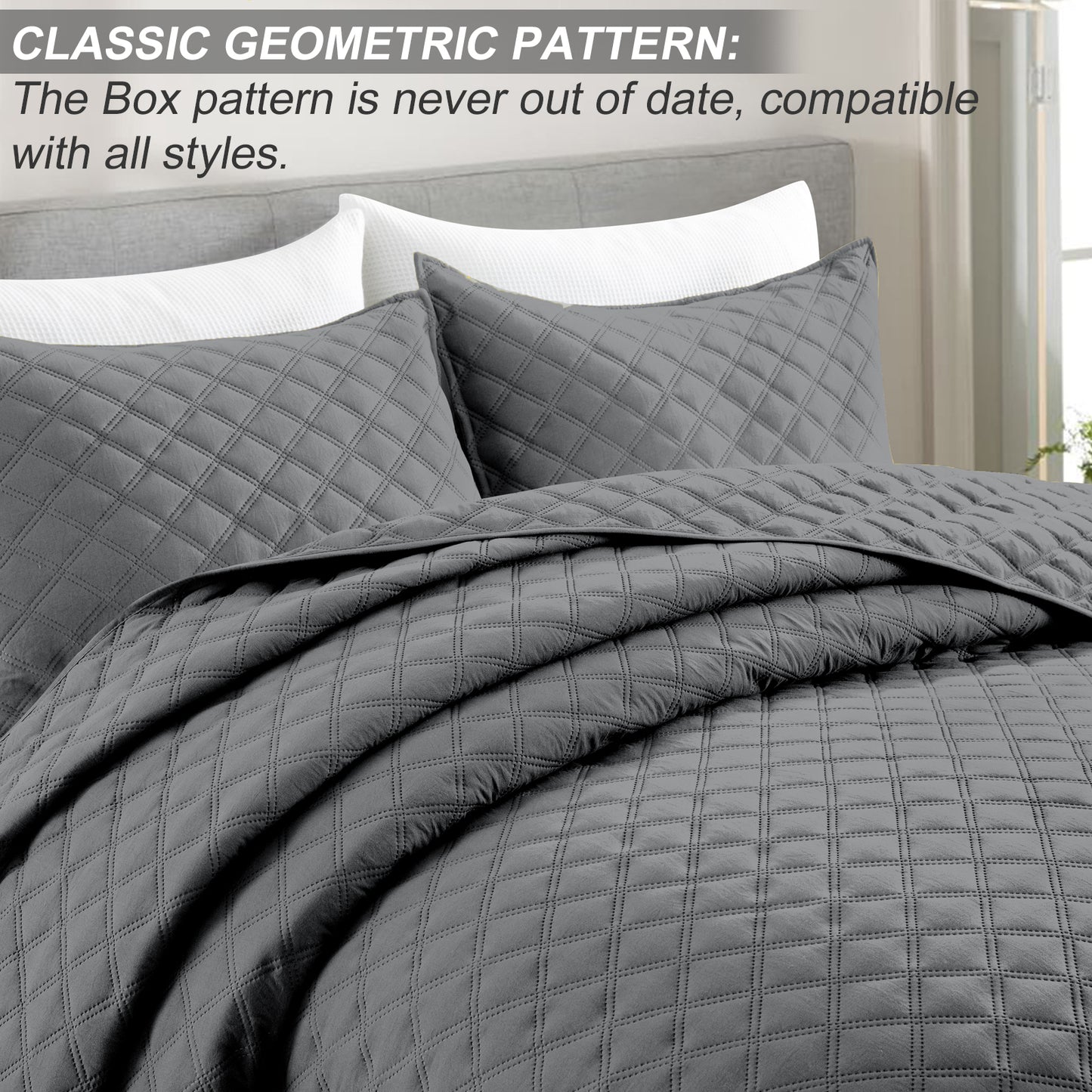 Exclusivo Mezcla 3-Piece Gray King Size Quilt Set, Box Pattern Ultrasonic Lightweight and Soft Quilts/Bedspreads/Coverlets/Bedding Set (1 Quilt, 2 Pillow Shams) for All Seasons
