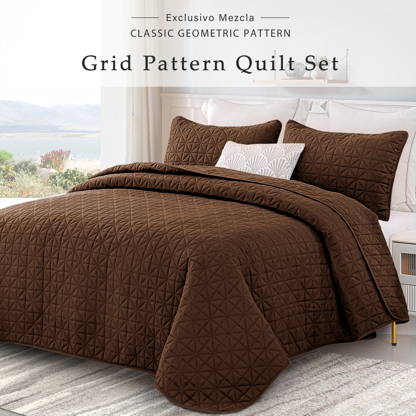 Exclusivo Mezcla Queen Quilt Bedding Set for All Seasons, Lightweight Soft Brown Quilts Queen Size Bedspreads Coverlets Bed Cover with Geometric Stitched Pattern, (1 Quilt, 2 Pillow Shams)