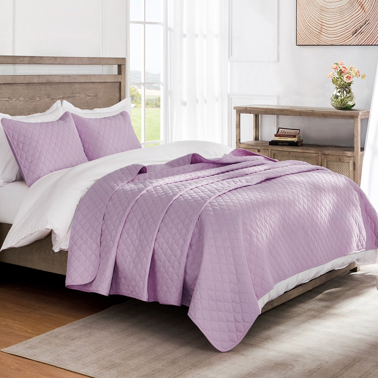 Exclusivo Mezcla Ultrasonic Reversible King Size Quilt Bedding Set with Pillow Shams, Lightweight Quilts King Size, Soft Bedspreads Bed Coverlets for All Seasons - (Lilac, 104"x92")