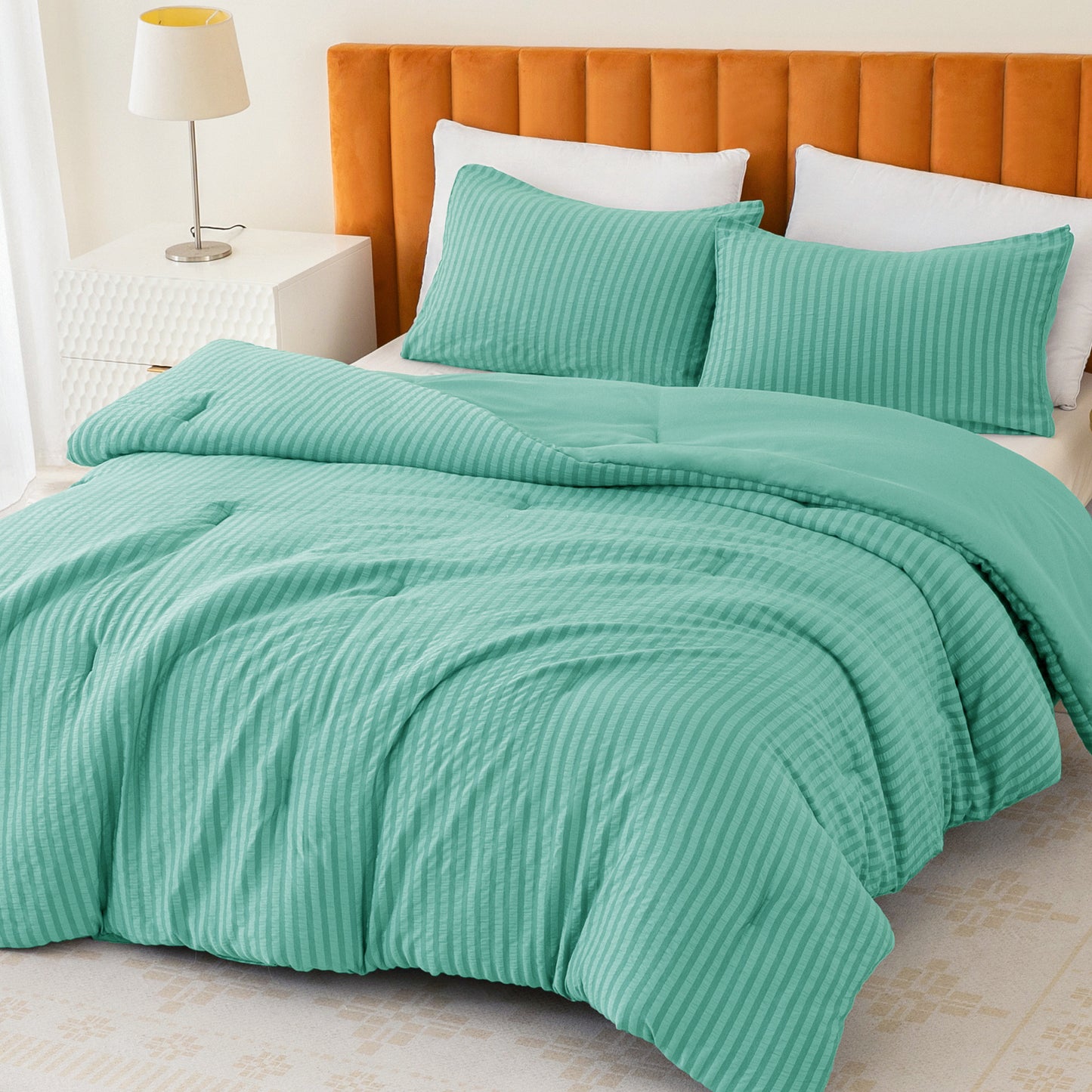 Exclusivo Mezcla 2-Piece Seersucker Twin Comforter Set Aqua Blue, Lightweight Soft Striped Pattern All Season Bedding Comforter sets with 1 Pillow Sham