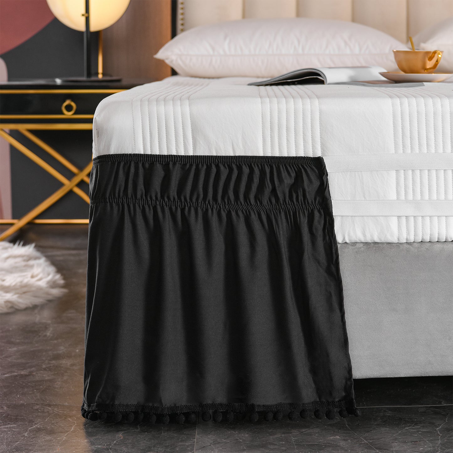 Exclusivo Mezcla Pom Pom Bed Skirt with Adjustable Elastic Belt, Easy Wrap Around Dust Ruffles with 16 Inch Tailored Drop, Wrinkle and Fade Resistant, (Full, Black)