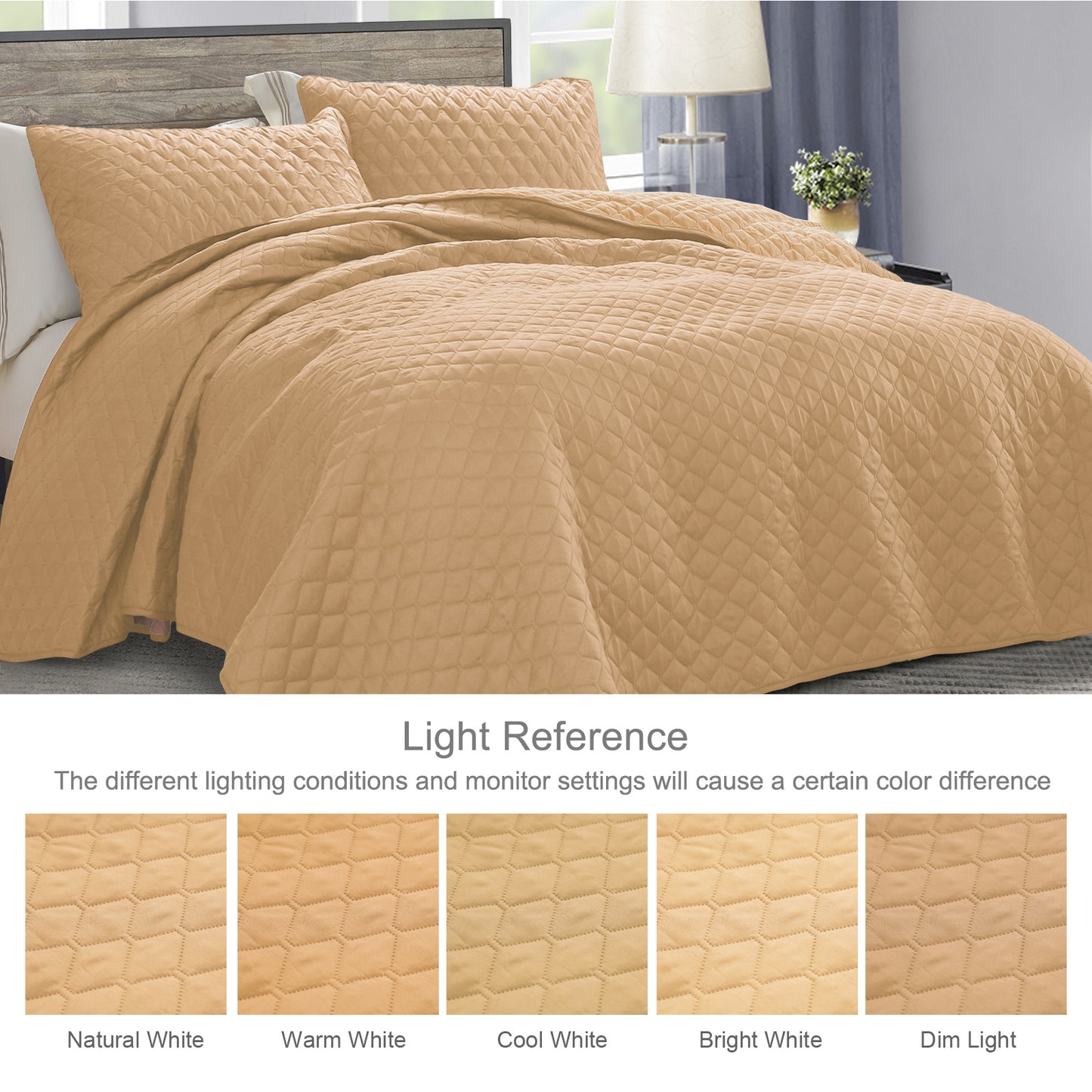 Exclusivo Mezcla Ultrasonic Reversible King Size Quilt Bedding Set with Pillow Shams, Lightweight Quilts King Size, Soft Bedspreads Bed Coverlets for All Seasons - (Camel, 104"x96")