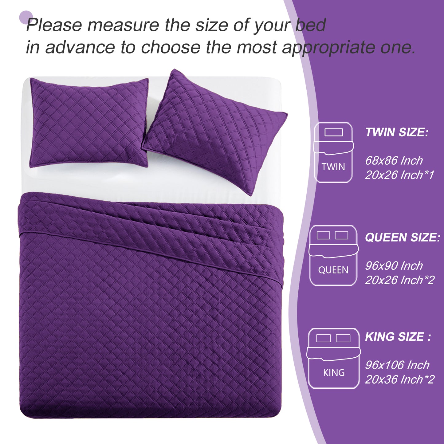 Exclusivo Mezcla 3-Piece Deep Purple Queen Size Quilt Set, Box Pattern Ultrasonic Lightweight and Soft Quilts/Bedspreads/Coverlets/Bedding Set (1 Quilt, 2 Pillow Shams) for All Seasons