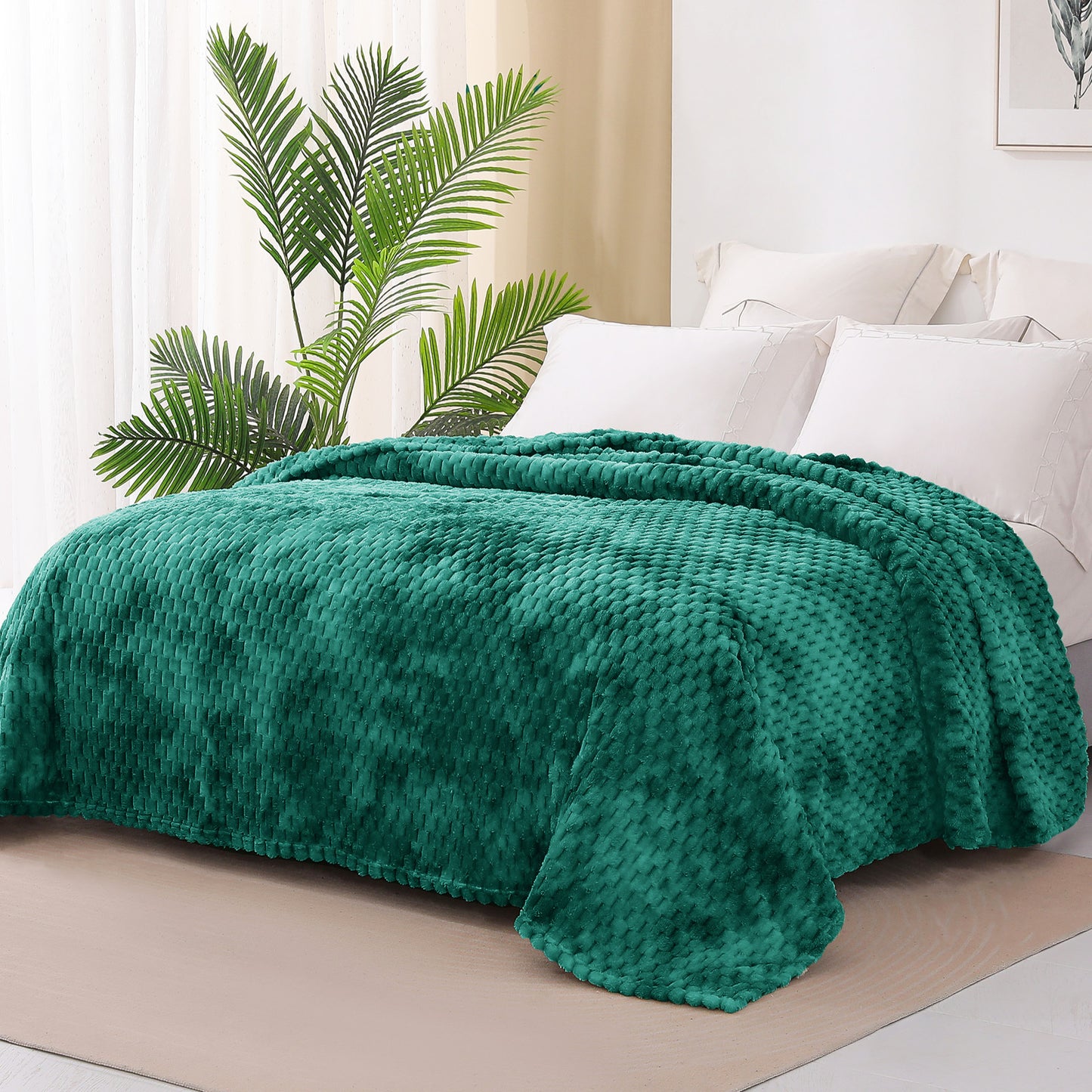 Exclusivo Mezcla King Size Flannel Fleece Blanket, 90x104 Inches Stylish Jacquard Velvet Plush Blanket for Bed, Cozy, Warm, Lightweight and Decorative Teal Blanket