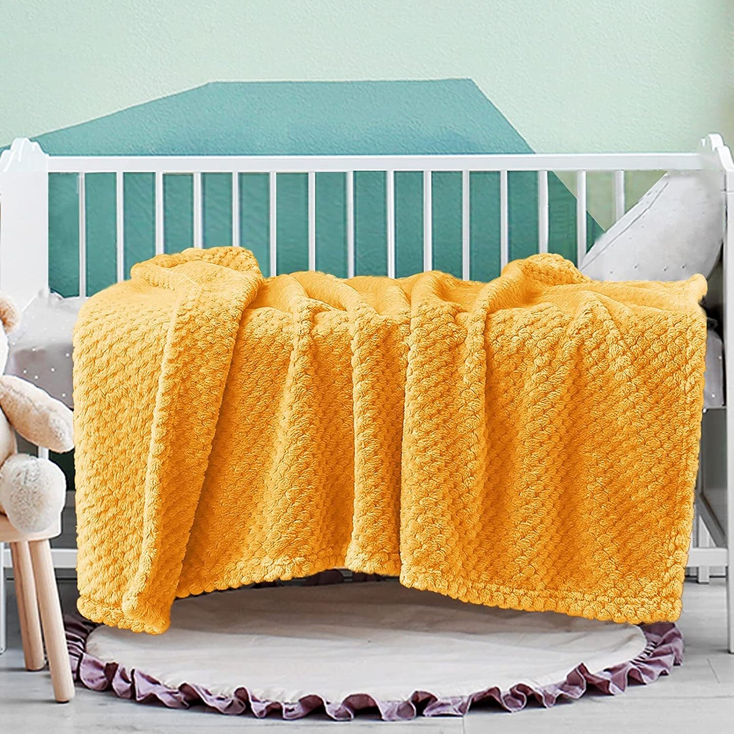 Exclusivo Mezcla Waffle Textured Fleece Baby Blanket, Soft and Warm Swaddle Blanket, Infant, Newborn, Toddler and Kids Receiving Blankets for Crib Stroller (Mustard Yellow, 40x50 inches)