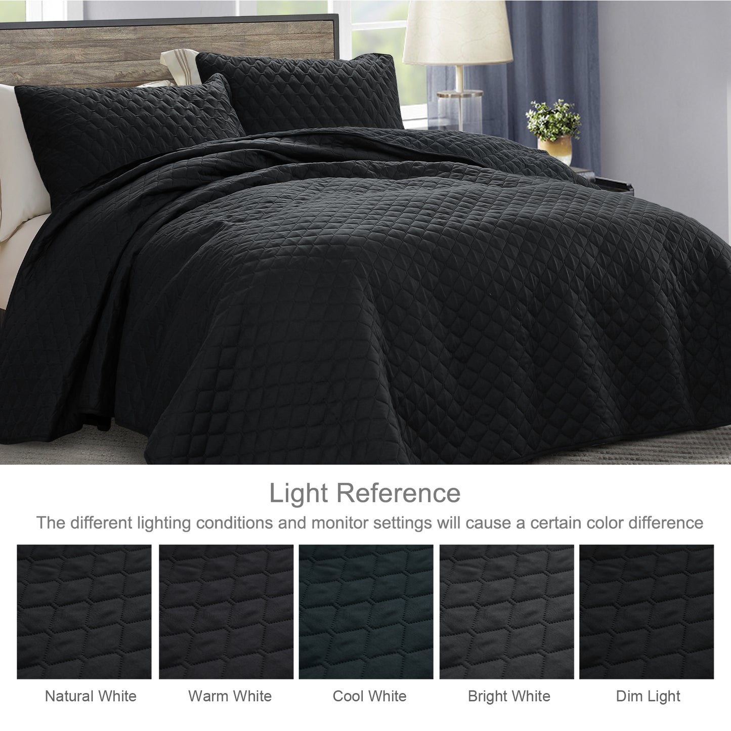 Exclusivo Mezcla Ultrasonic Reversible Full Queen Quilt Bedding Set with Pillow Shams, Lightweight Quilts Queen Size, Soft Bedspreads Bed Coverlets for All Seasons - (Black, 90"x96")