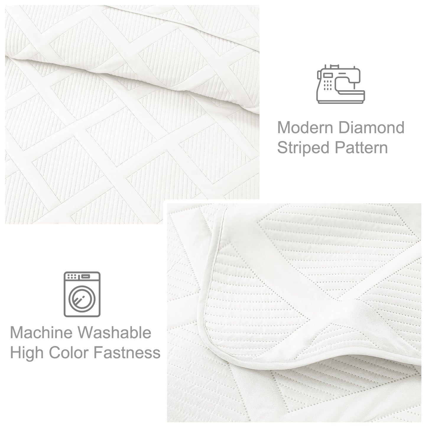 Exclusivo Mezcla Ultrasonic Twin/ Twin XL Quilt Set, Lightweight Bedspreads Modern Striped Coverlet with 1 Pillow Sham, White