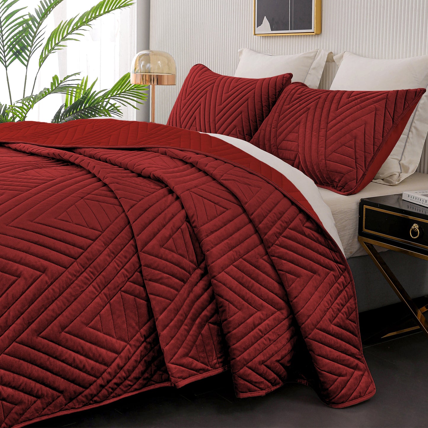 Exclusivo Mezcla Super Plush Velvet Quilt Twin Size with Pillow Sham, Luxury Soft Reversible 2 Piece Bedspreads Coverlet Comforter Set for All Seasons, Lightweight and Warm, Rust Red