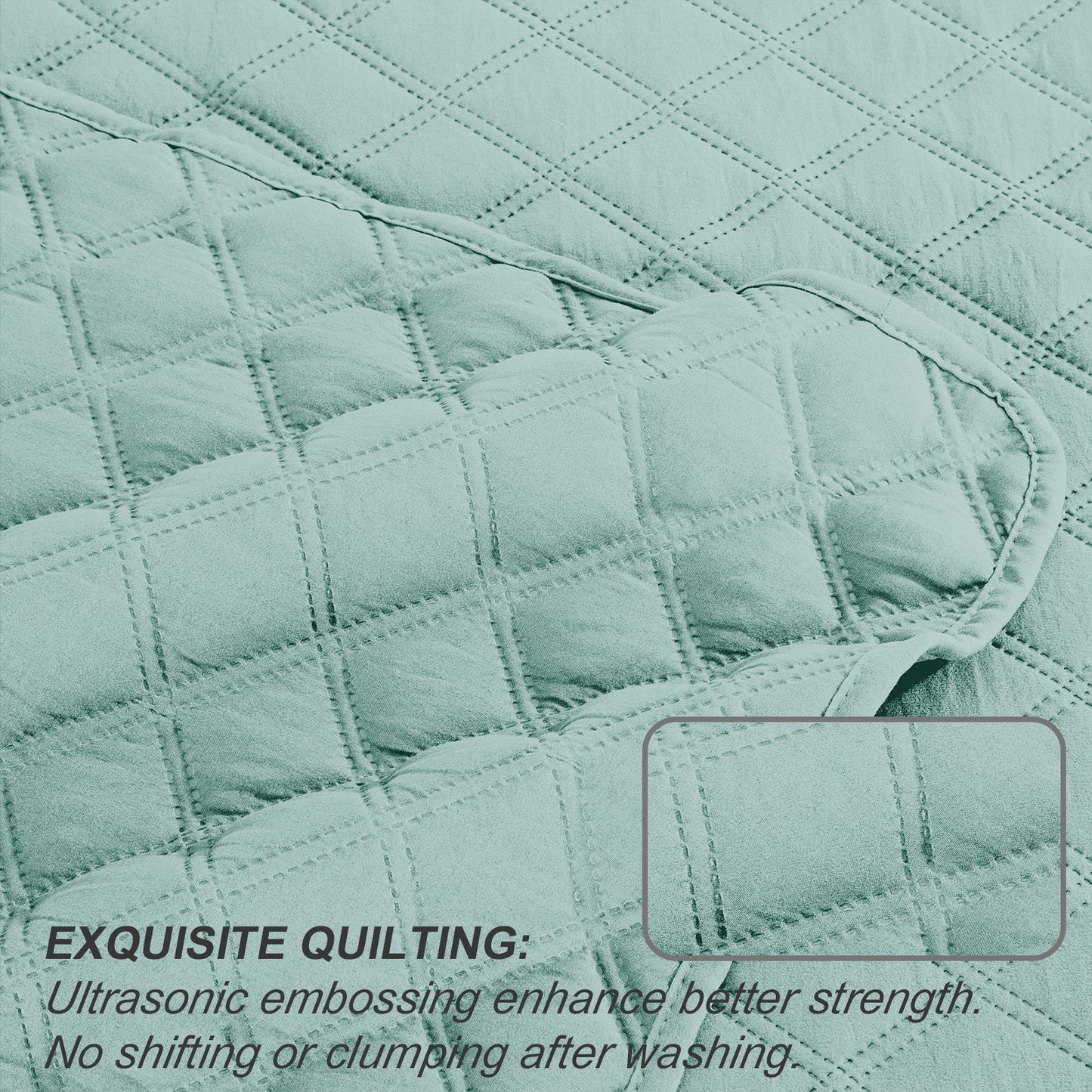 Exclusivo Mezcla 3-Piece Aqua King Size Quilt Set, Box Pattern Ultrasonic Lightweight and Soft Quilts/Bedspreads/Coverlets/Bedding Set (1 Quilt, 2 Pillow Shams) for All Seasons