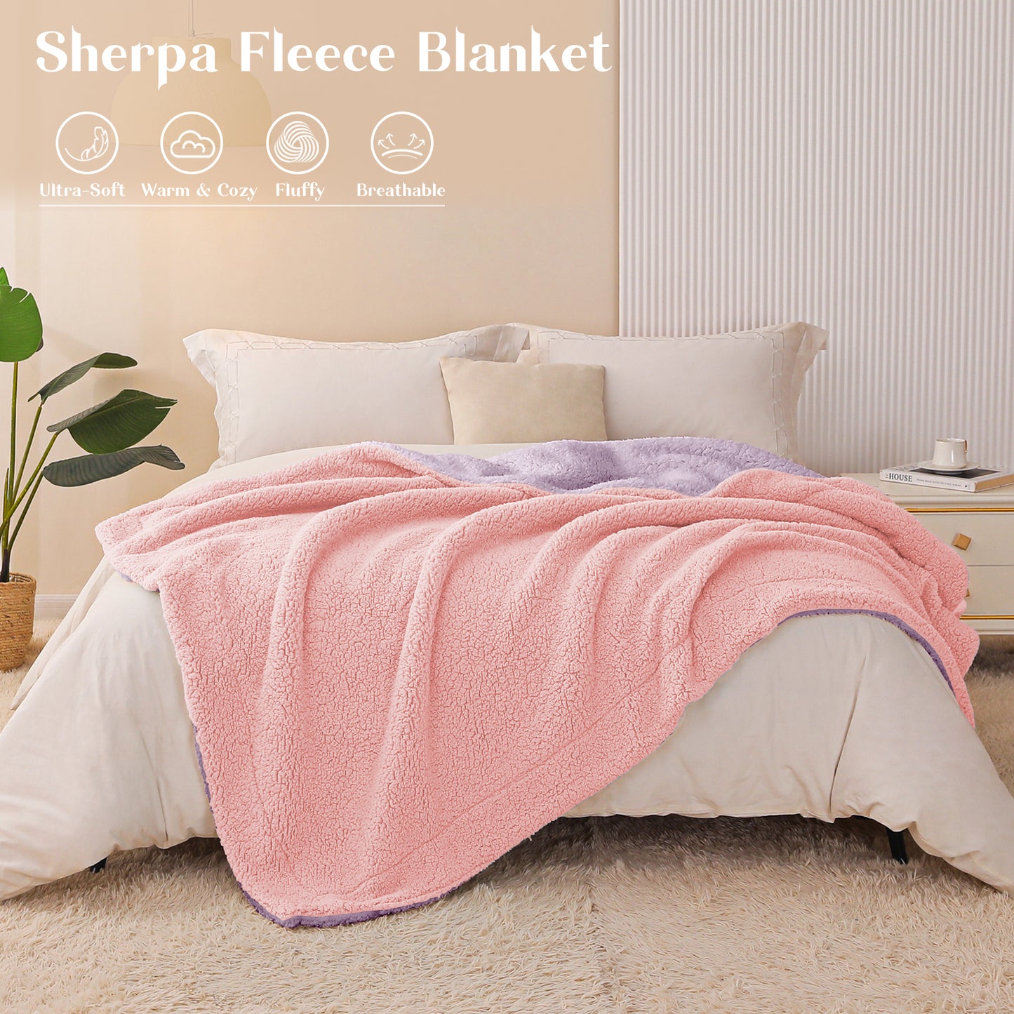 Exclusivo Mezcla Twin Size Reversible Sherpa Fleece Blanket, Soft Plush Blanket for Bed Sofa, Warm Fluffy Blankets for All Season, 60x80 Inches, Light Pink/ Light Purple