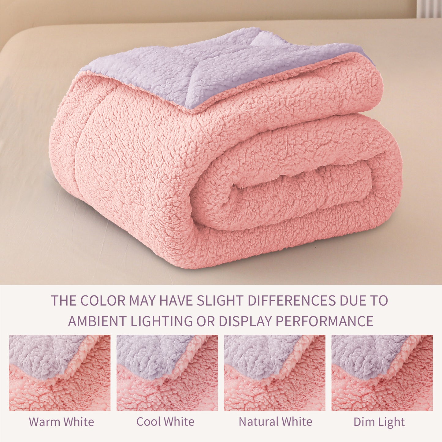 Exclusivo Mezcla Twin Size Reversible Sherpa Fleece Blanket, Soft Plush Blanket for Bed Sofa, Warm Fluffy Blankets for All Season, 60x80 Inches, Light Pink/ Light Purple