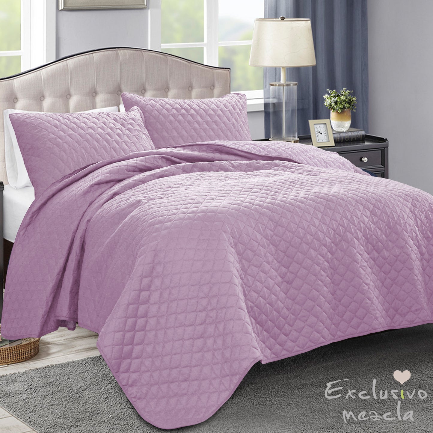 Exclusivo Mezcla Ultrasonic Reversible King Size Quilt Bedding Set with Pillow Shams, Lightweight Quilts King Size, Soft Bedspreads Bed Coverlets for All Seasons - (Lilac, 104"x92")