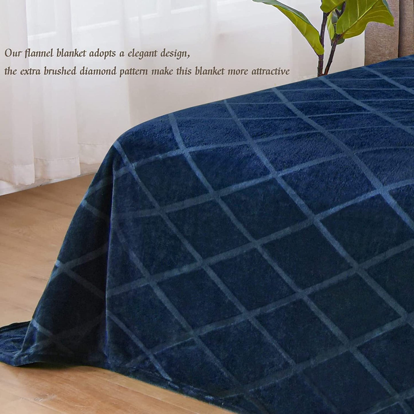 Exclusivo Mezcla King Size Flannel Fleece Blanket, 90x104 Inches Soft Diamond Geometry Pattern Velvet Plush Blanket for Bed, Cozy, Warm, Lightweight and Decorative Navy Blue Blanket