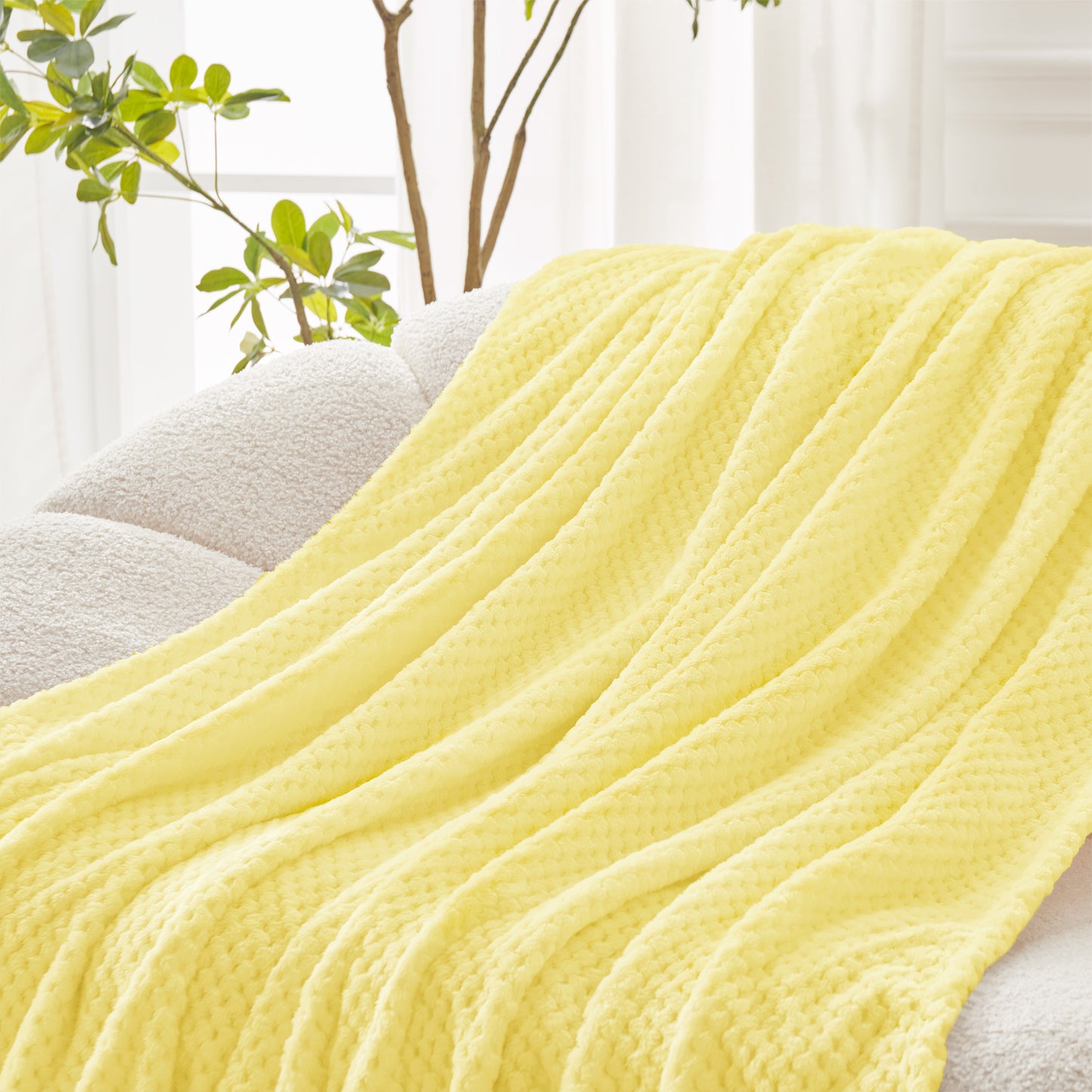 Exclusivo Mezcla Waffle Textured Extra Large Fleece Blanket, Super Soft and Warm Throw Blanket for Couch, Sofa and Bed (Light Yellow, 50x70 inches)-Cozy, Fuzzy and Lightweight