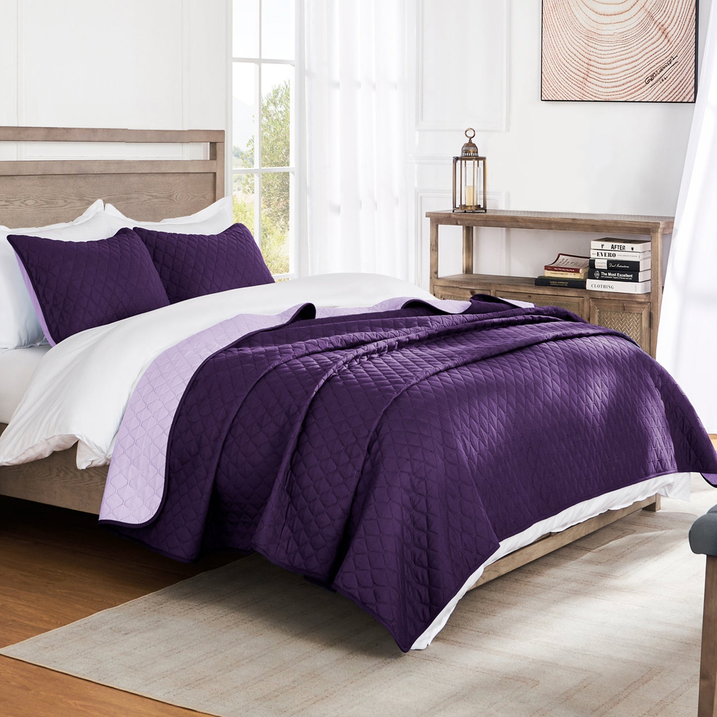 Exclusivo Mezcla Ultrasonic Reversible King Size Quilt Bedding Set with Pillow Shams, Lightweight Quilts King Size, Soft Bedspreads Bed Coverlets for All Seasons - (Deep Purple, 104"x96")