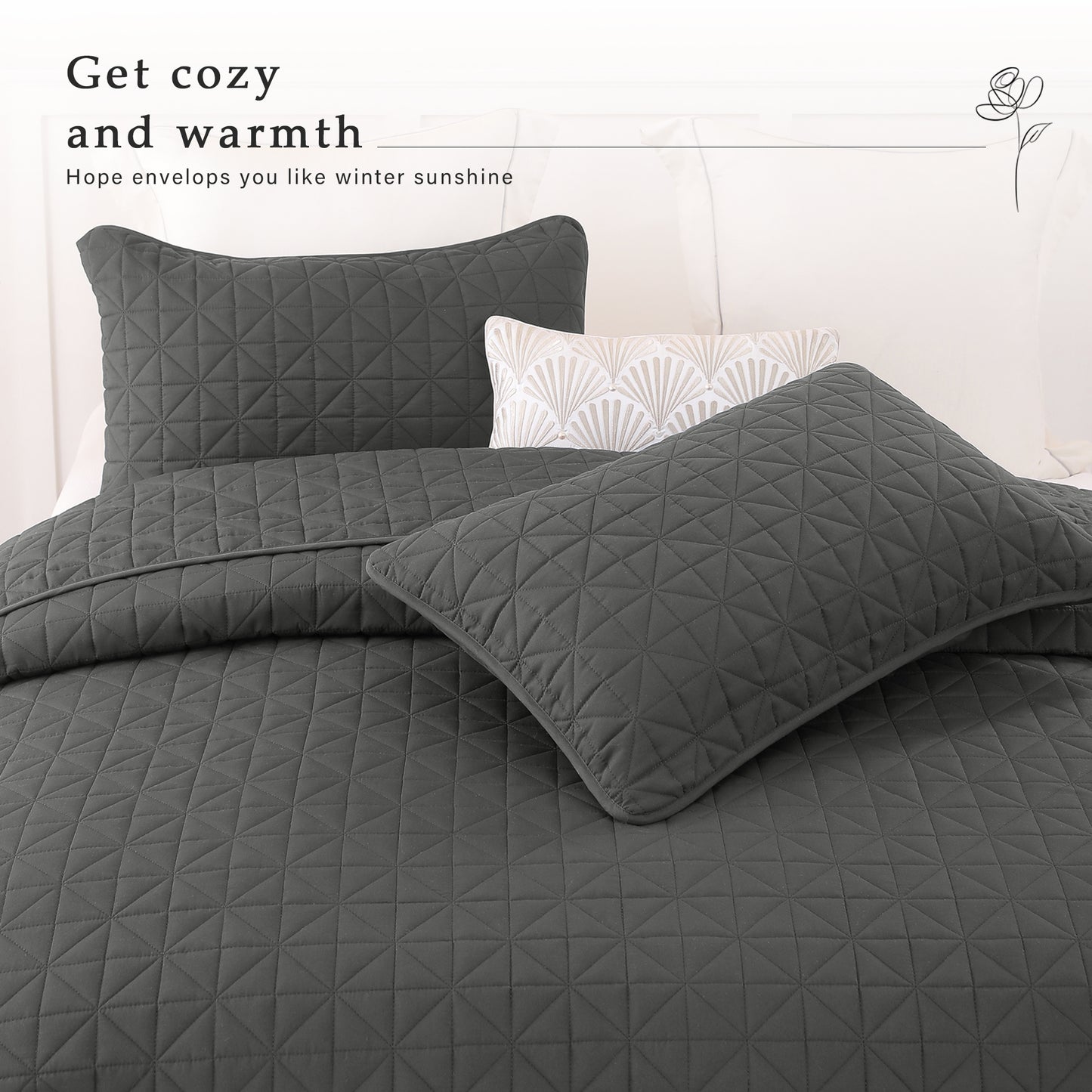 Exclusivo Mezcla Queen Quilt Bedding Set for All Seasons, Lightweight Soft Grey Quilts Queen Size Bedspreads Coverlets Bed Cover with Geometric Stitched Pattern, (1 Quilt, 2 Pillow Shams)