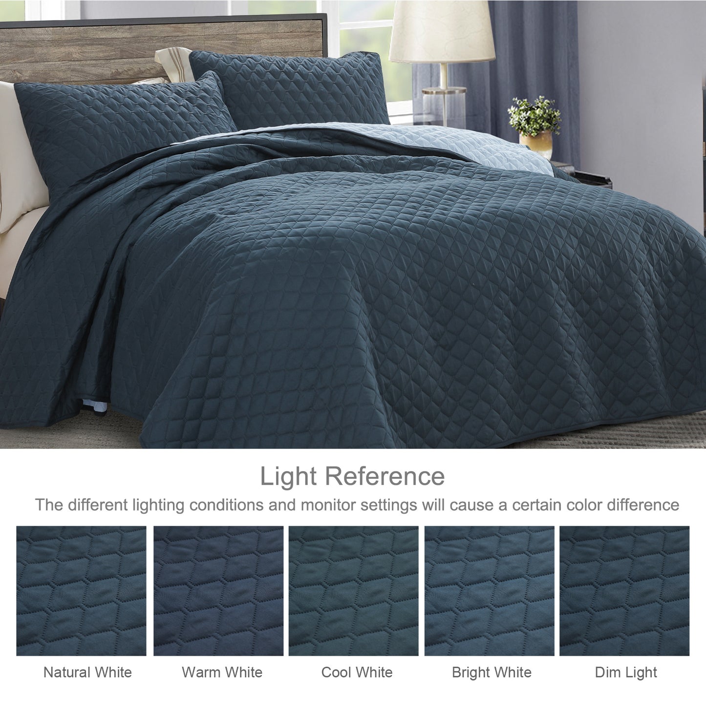 Exclusivo Mezcla Ultrasonic Reversible King Size Quilt Bedding Set with Pillow Shams, Lightweight Quilts King Size, Soft Bedspreads Bed Coverlets for All Seasons - (Navy Blue, 104"x96")